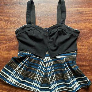 Anthropologie flirty black sweetheart neckline top with blue and gold skirt